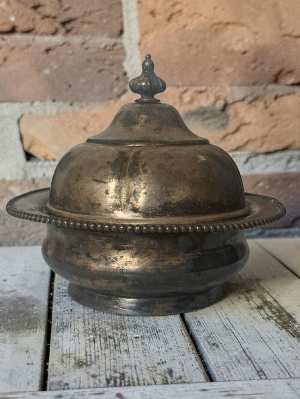 Vtg Silver Plated Serving/Butter/Candy Dish w/Lid Glass Insert Victorian 5x6"